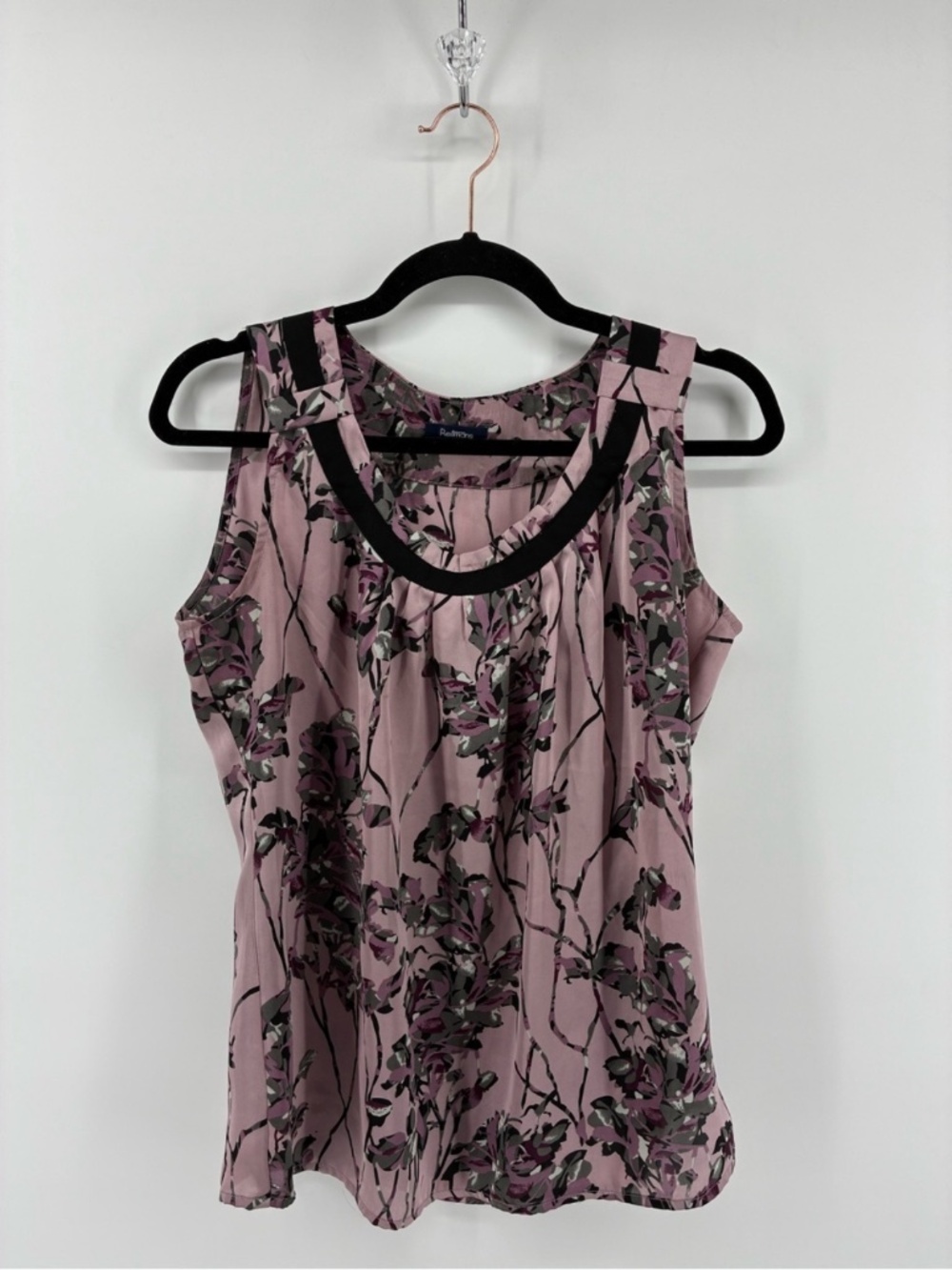 MASSIVE $10 SALE Floral Pink Sleeveless Blouse with Black Trim